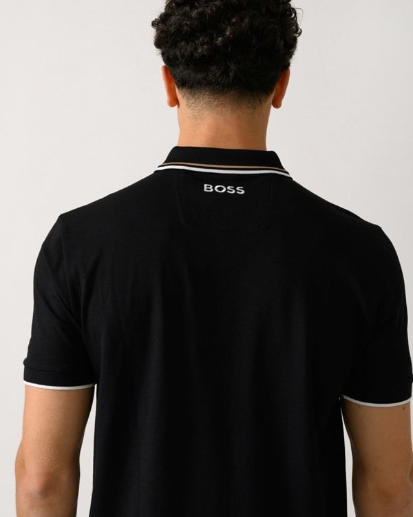 BOSS Green Paddy Pro Mens Cotton Blend Polo Shirt With Contrast Logos NOS - Black 002 - CHO - Designer Mens Short Sleeve Polo Shirts