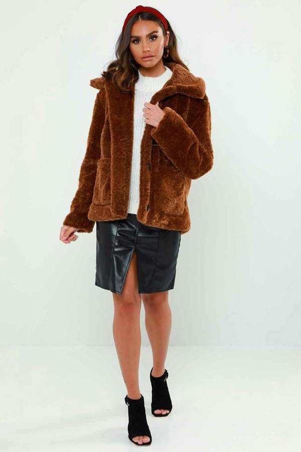 Urban Bliss Sadie Brown Borg Faux Fur Collar Jacket