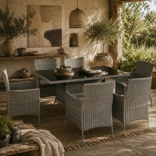 Wyld Haus Lona Rattan Charcoal Grey 6 Seater Outdoor Dining Set With Cushioned Armchairs And Rectangular Glass Table