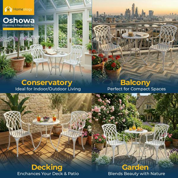 Homeology OSHOWA White Aluminium Weatherproof Outdoor Table and 2 Comfortable Chairs with Armrests Bistro Set