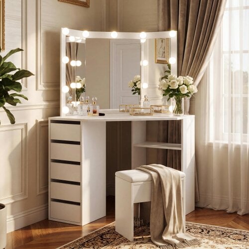 Kosy Koala White Dressing Table Wood Makeup Desk with LED Mirror 5 Drawers Corner