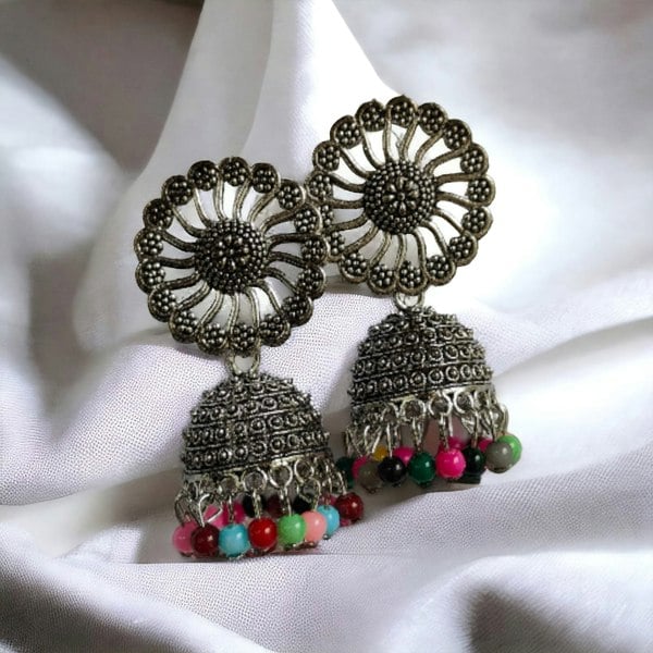 The Colourful Aura Small Bohemian Floral Indian Oxidised Boho Indian Asian Bridal Drop Jhumkis