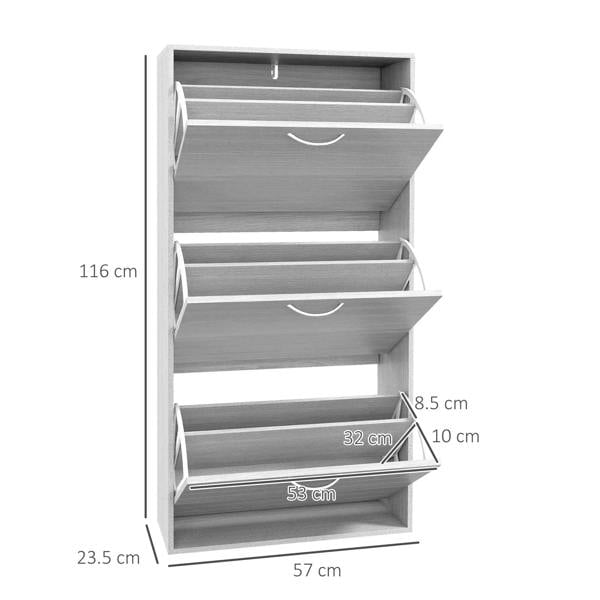 Open grey wood-effect flip drawer shoe cabinet showing three rows of storage