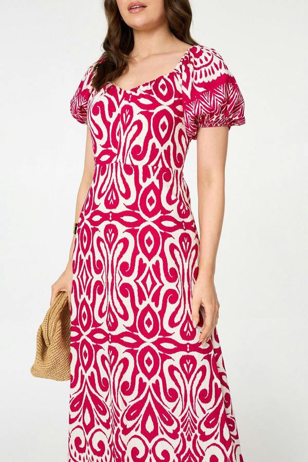 Pink | Printed Short Sleeve A-Line Maxi Dress