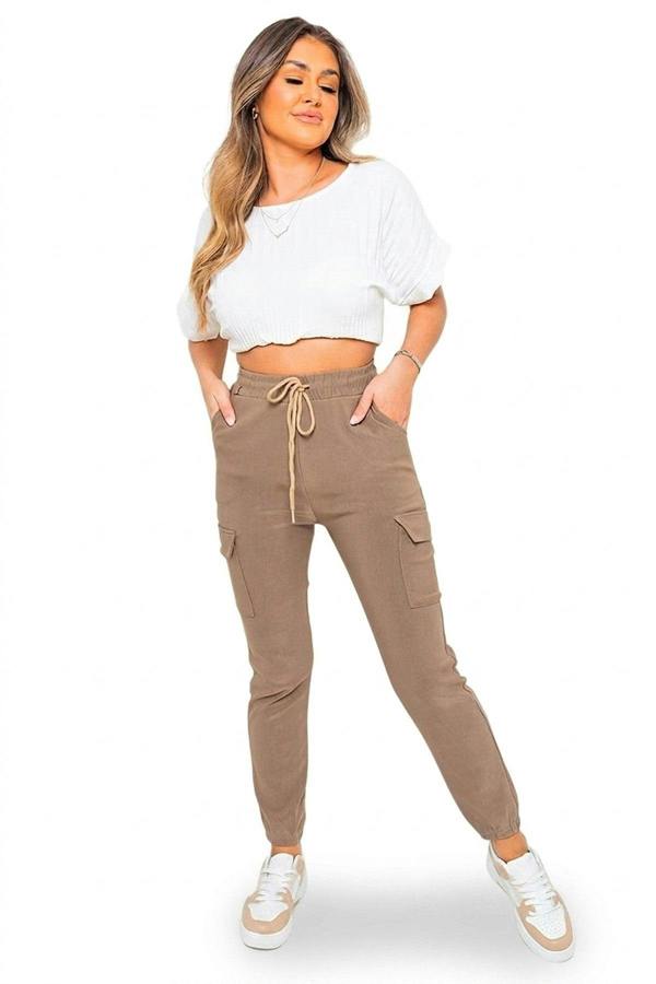 Plus Size Frankie Cargo Pocket Trouser With Drawstring - Beige_wb