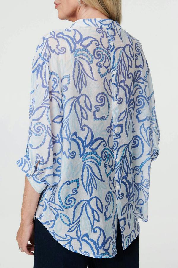 Blue | Printed Relaxed 3/4 Sleeve V-Neck Blouse