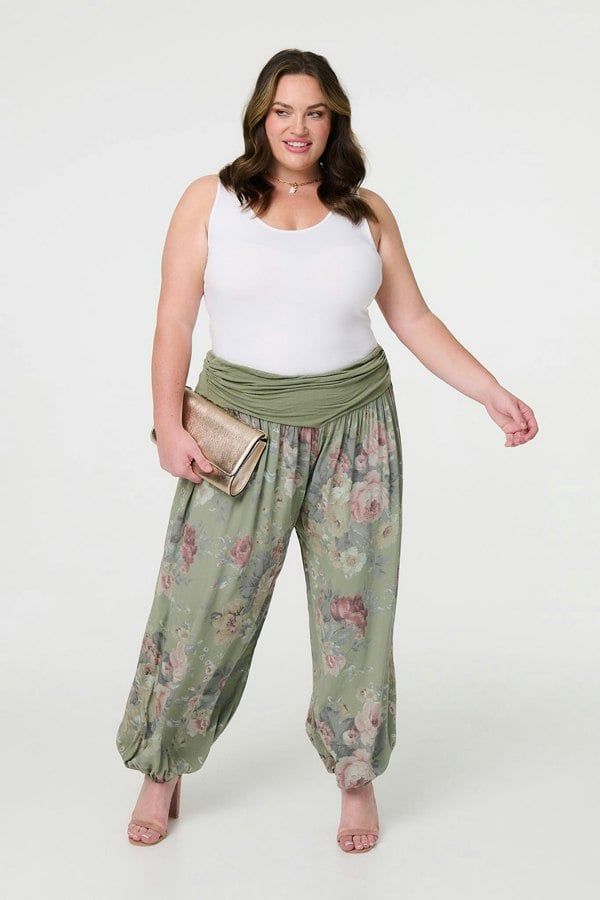 Khaki| Floral Ruched Waist Harem Trousers