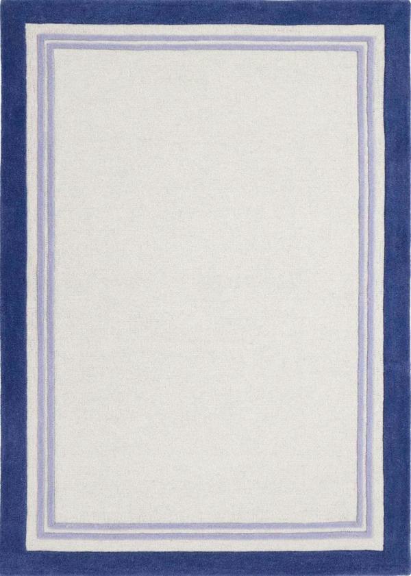 Rectangular rug with a blue border on a white background