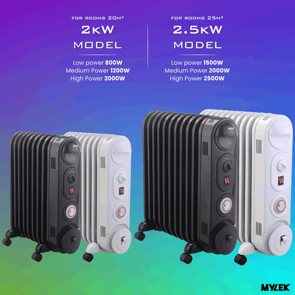 Mylek Oil Filled Radiator Electric Heater, Portable, Thermostat and 24hr Timer by Mylek 2000w