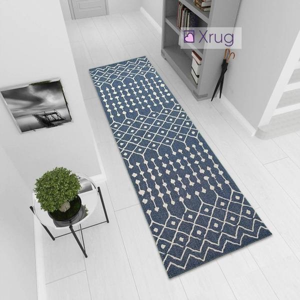 Cotton Rug Navy Blue Diamond Pattern Washable Flat Weave Mat Woven Carpet Small Extra Large - 75x300cm (2'5"x9'8")