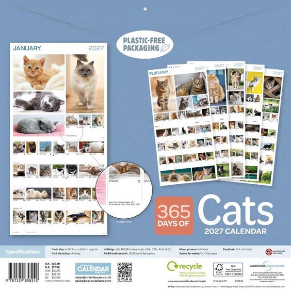 365 Days Of Cats Calendar 2027, Wall Calendars, Month To View, Cats, Gift