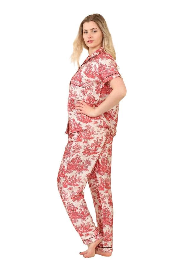 Luxury Satin Toile Print Pyjama Set – Short Sleeve, Button-Up & Pockets - Elaina Fashion