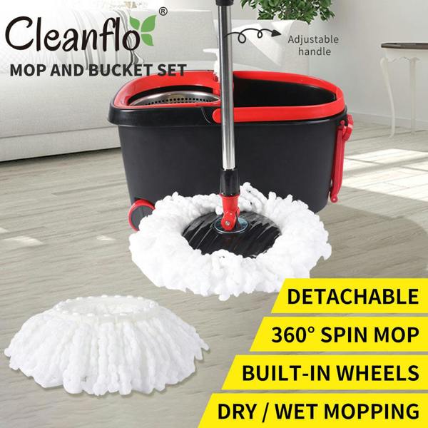 Cleanflo Spin Mop Bucket Set 360° Degree Stainless Steel Rotating Wet Dry Black