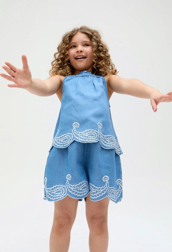 Kids Sue Scalloped Embroidered Hem Co-Ords Set In Blue - image 3