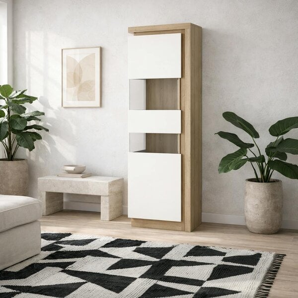 Wyld Haus Hjorring White and Natural Oak Wood Tall Narrow Display Cabinet