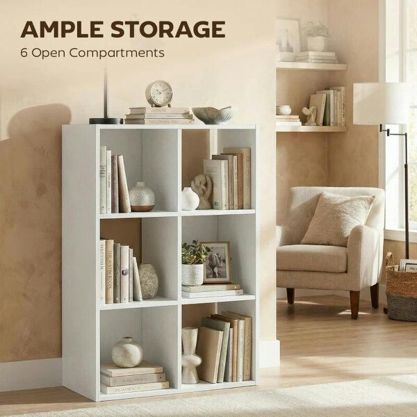 Industrial Style Storage Shelf, Bookcase, Bookshelf with 6 Compartments, for Living Room, Home Study, White Wood Effect