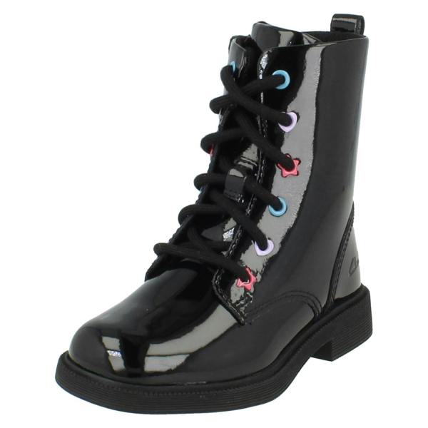 Clarks Girls Clarks Square Toe Patent Military Style Boots Oaklyn Charm