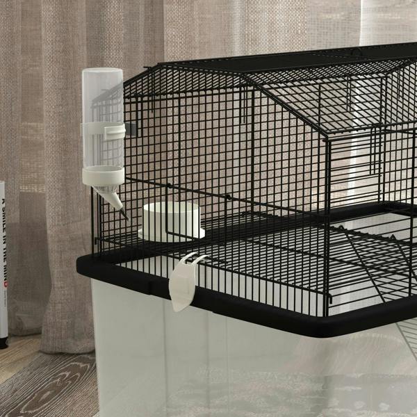 Black two-tier hamster cage with attached water bottle and sloped ramp