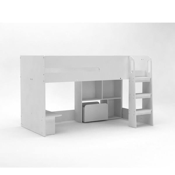 Another side view of the mid sleeper bed. It shows off the mini desk, toy box and 3 shelf storage.