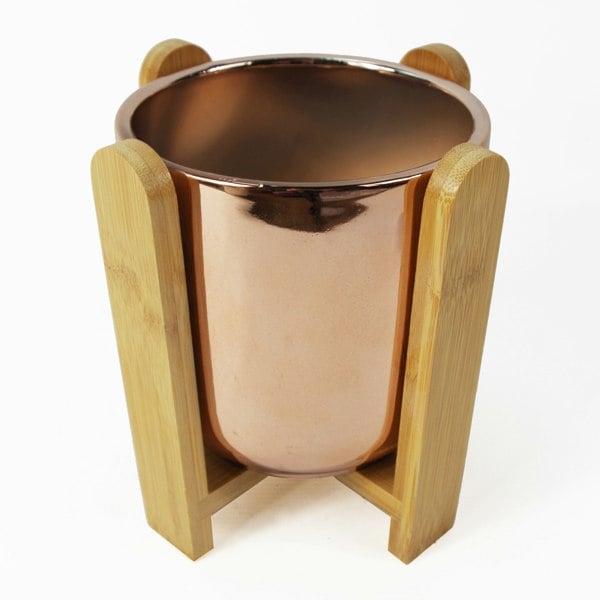 Leaf 16cm Gold Ceramic Planter with Bamboo Stand