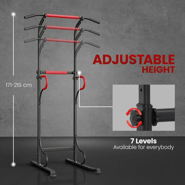 Power tower pull-up station with adjustable height settings and red curved pull handles