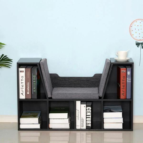 Black cube bookcase with gray cushioned reading seat and side open compartments