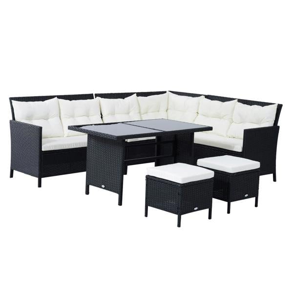 Wyld Haus Semapa Rattan Black 8 Seater Corner Dining Sofa Set With Coffee Table Footstool And White Cushions