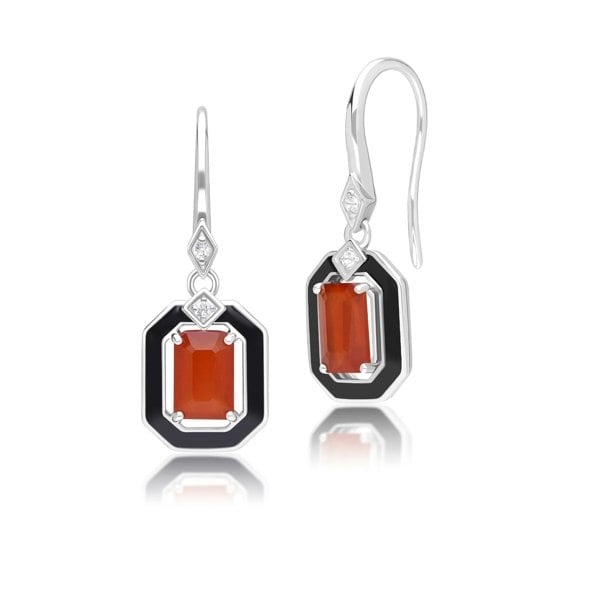 Gemondo Grand Deco Black Enamel, Carnelian & Topaz Drop Earrings in Sterling Silver