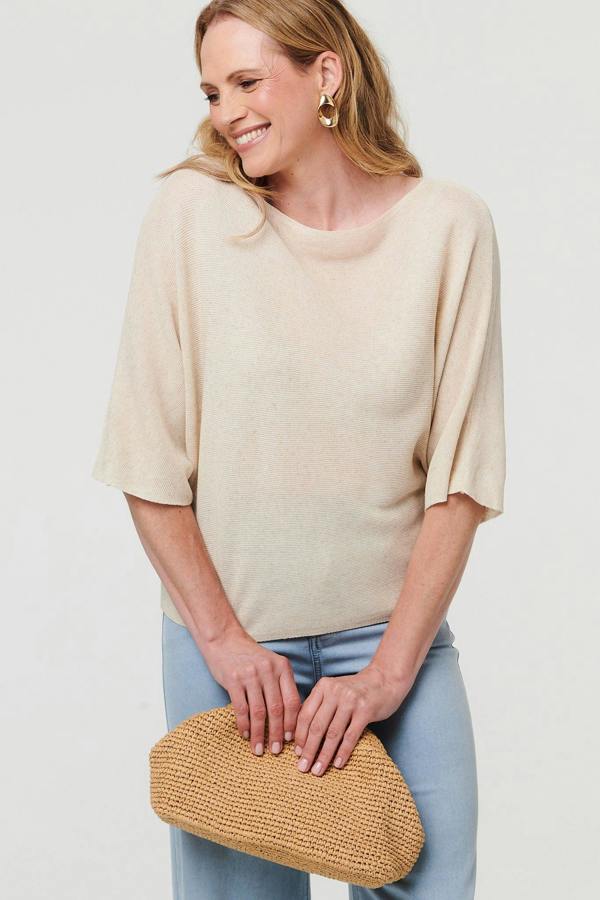 Cream | 3/4 Sleeve Boxy Boat Neck Knit Top