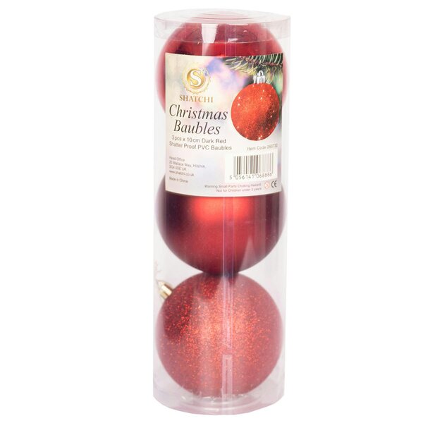 Shatchi 100mm Shatterproof Dark Red Christmas Baubles, Pack of 3 or 6 for Festive Displays