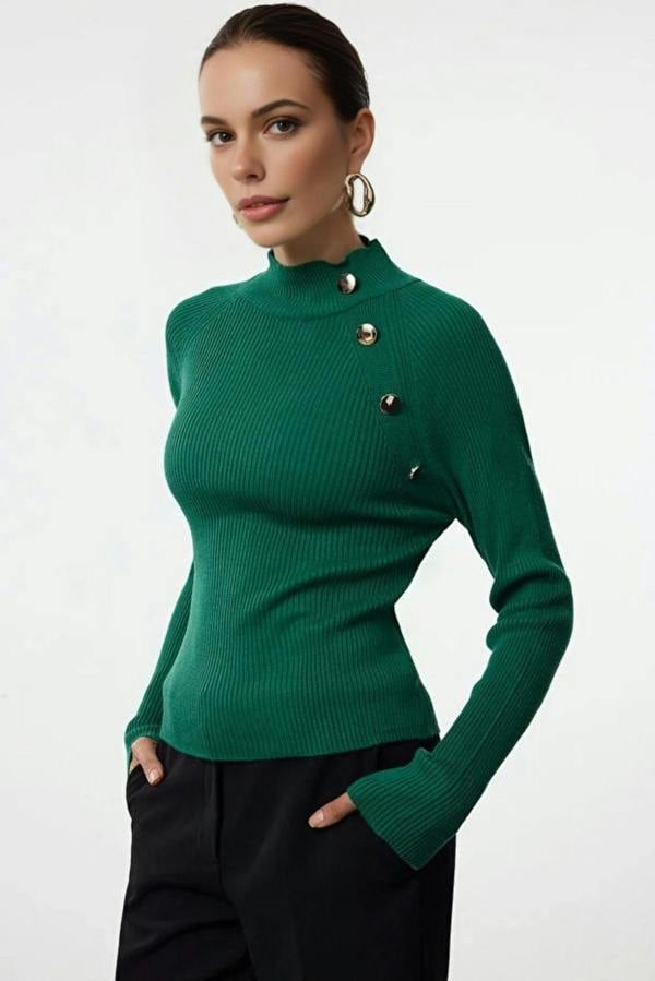 WOVCOR Stand-Up Collar Slim Fitted Knit Sweater with Button Details