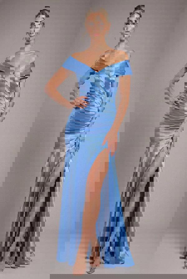 Satin Off Shoulder Pleated Maxi Dress - Dusty Blue DR3731