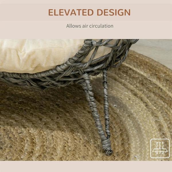 Grey elevated round cat bed house basket with tripod legs and cream cushion edge
