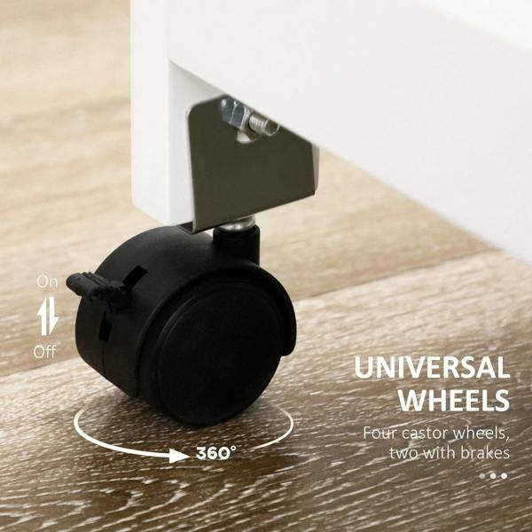 Black caster wheels on a white kitchen trolley cart base for smooth 360° rolling
