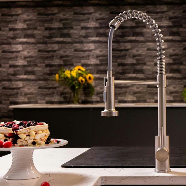 Flode Fjädra | Pull Out Kitchen Sink Mixer Tap | Spring Style Mixer Tap | Brushed Steel | Round Head