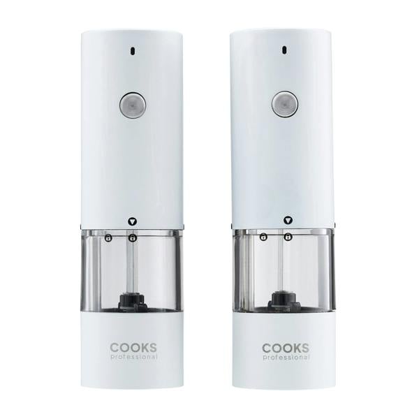 Cooks Professional Rechargeable Salt and Pepper Mill Set with Bamboo Base | White