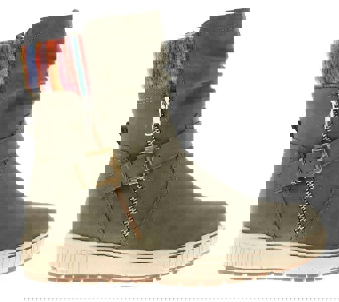 Natrelle Gillian Womens Zip Up Boots Ankle Boots, olive green ankle boots with colorful knit cuff, side zipper, and buckle strap detail, on a white background