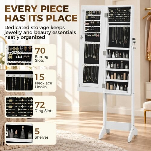 HOMCOM Mirror Jewelry Cabinet with LED Light, Mirror with Storage, White