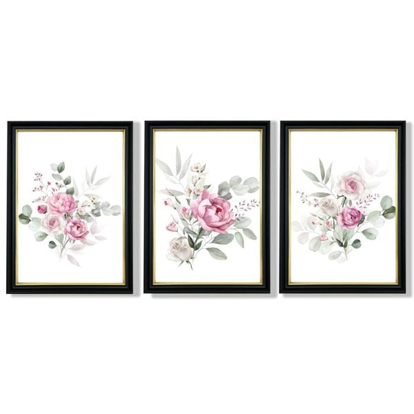 Set of 3 Pink Roses with Eucalyptus Bouquets Framed Art Prints with Vermeer Black and Gold Frames
