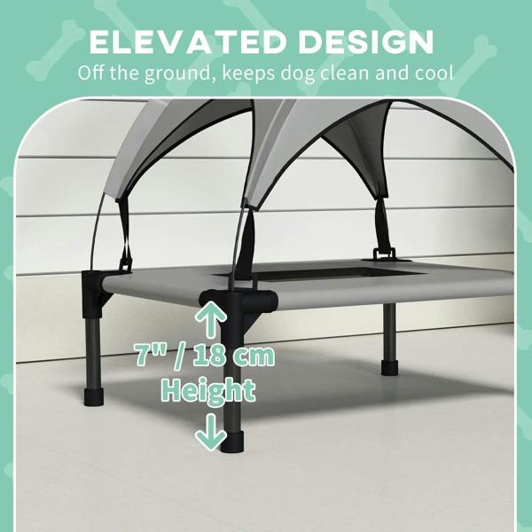 Elevated light grey pet bed with canopy, shown height 7 in / 18 cm