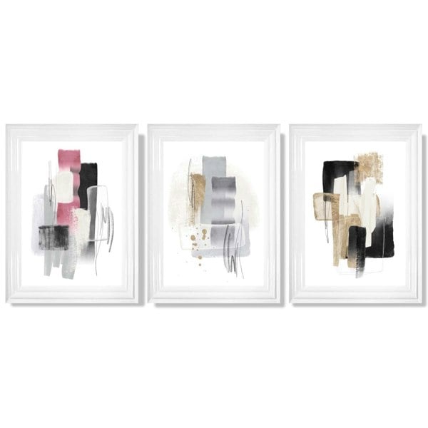 Set of 3 Abstract Black Pink and Silver Framed Art Prints with Glossy White Frames