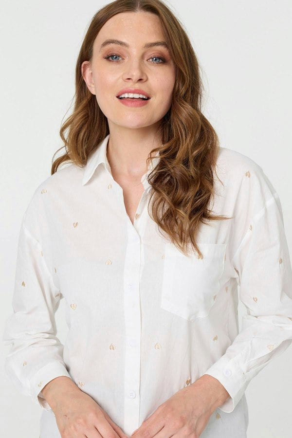 White | Heart Embroidered Long Sleeve Shirt
