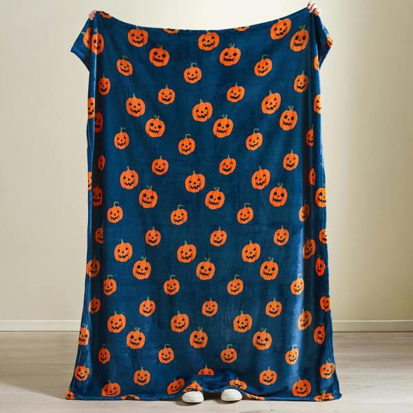Catherine Lansfield Halloween Pumpkins Cosy Fleece Blanket Throw Navy Blue