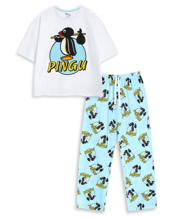 Pingu Womens Blue Character Short Sleeve Long Leg Pyjama Set