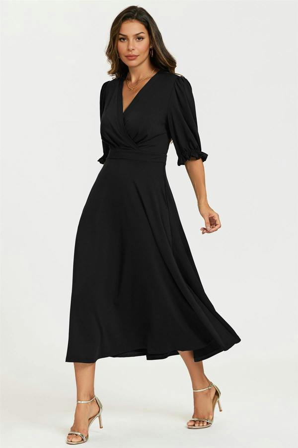 FS Collection Half Sleeves Jersey Midi Dress with Wrap Neckline In Black