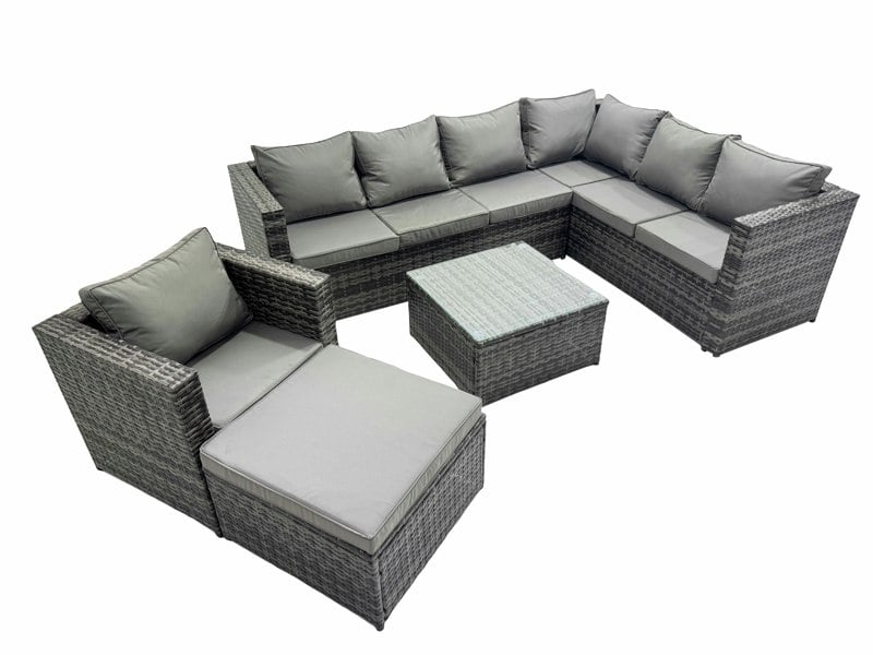 Fimous Outdoor PE Rattan Garden Furniture Sofa Set with Square Coffee Table Chair Big Stool Dark Grey