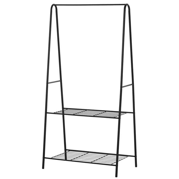 Black metal coat rack with A-frame stand and 2-tier wire shelves