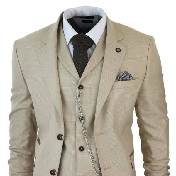 TruClothing Men's 3 Piece Cream Prince Of Wales Check Suit