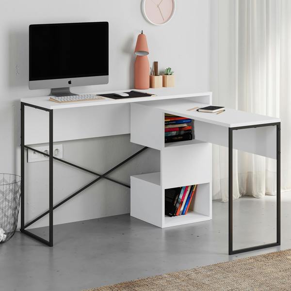 Decortie Modern Badau L-Shaped Computer Desk Metal Legs 3 Adjustable Storage Shelf Extra Table 110cm(W) Work PC Office