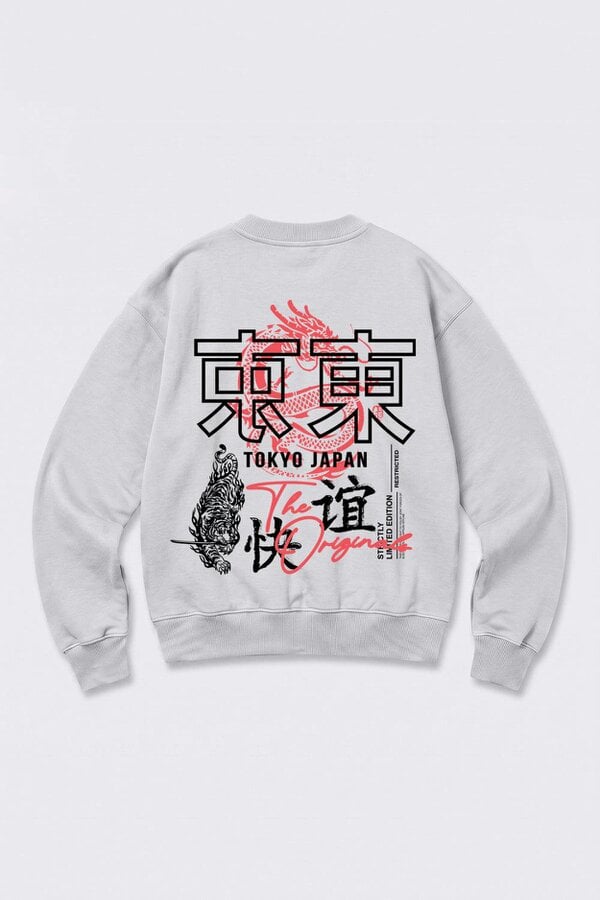 London Attitude Oversized Tokyo Dragon & Tiger Sweatshirt in Heather Grey
